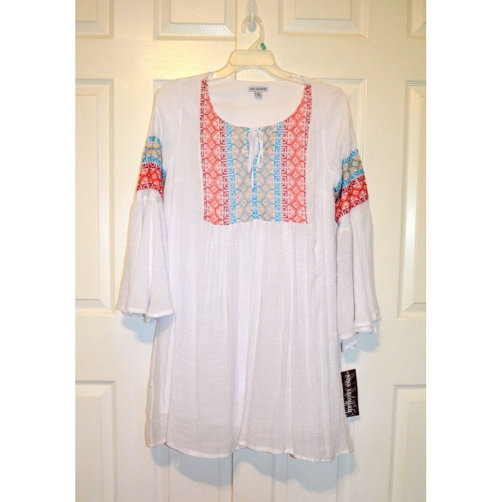 Nina Leonard Women‎ White Dress Size Medium Embroidered Stitching Flare Sleeves